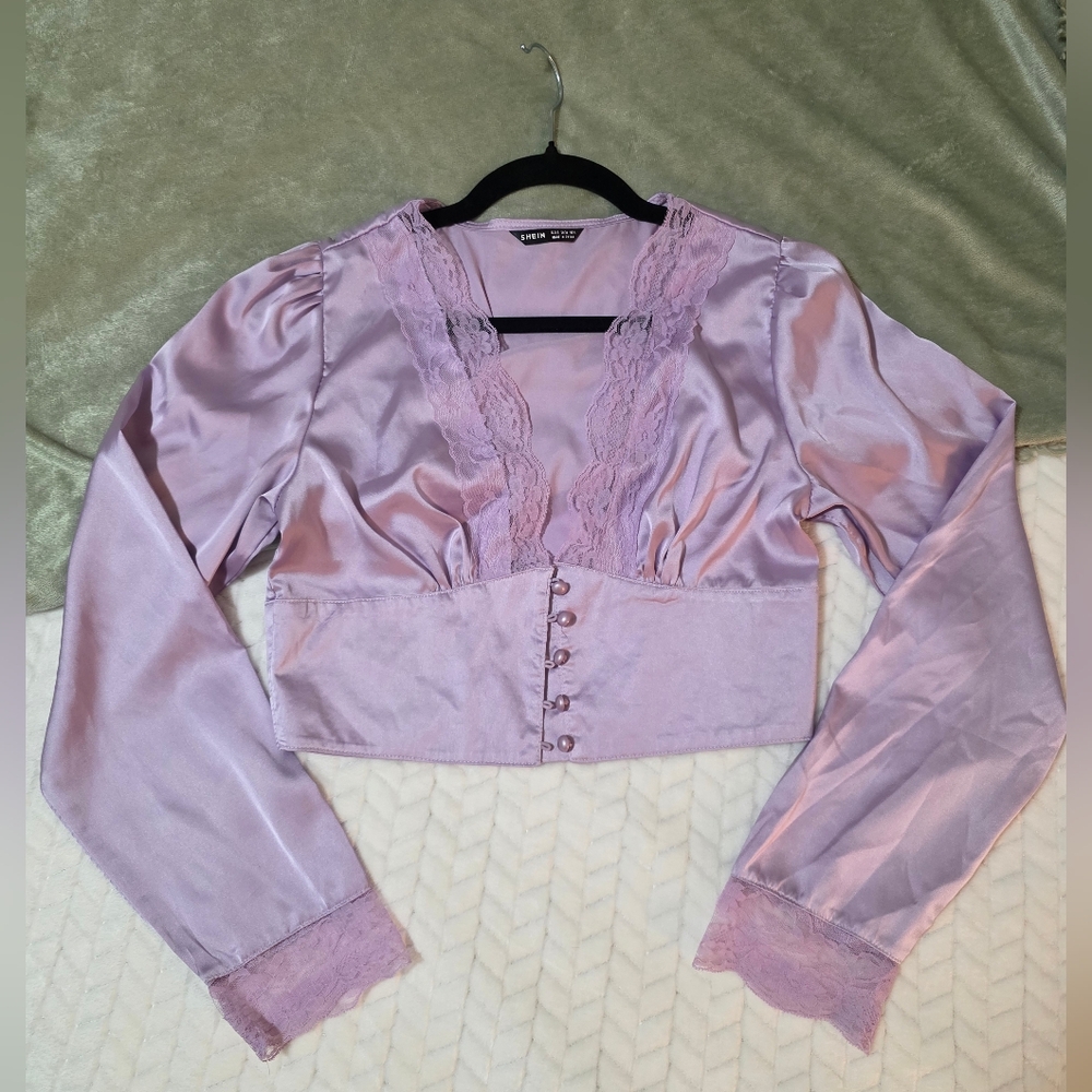 Lilac Satin Croppes Blouse with Lace Trim